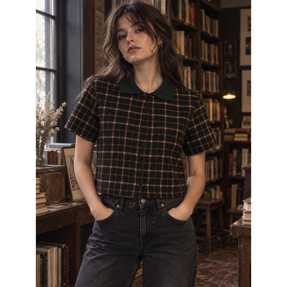 John Galt Plaid Button Down Top Womens OS Brown Green Academia Cropped